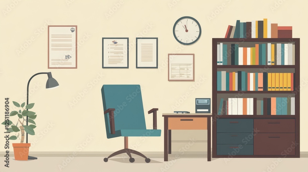 Fototapeta premium Modern office interior with desk, shelves, and chair