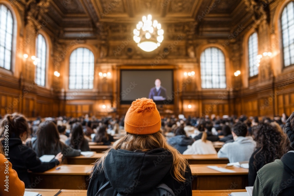 Obraz premium A university lecture hall with students taking notes while a professor explains on a large screen