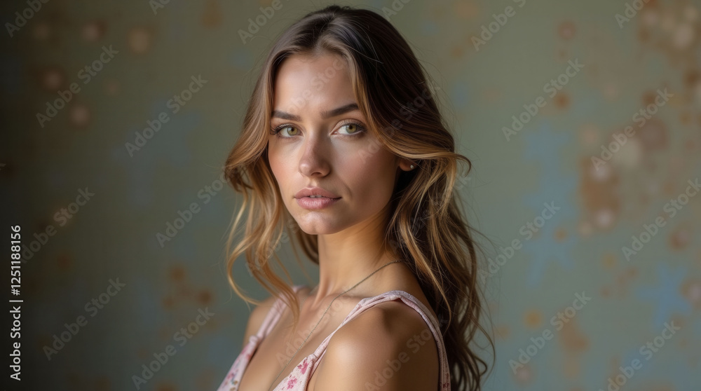 Fototapeta premium A woman with long brown hair and a pink dress is standing in front of a wall. She has a serious expression on her face