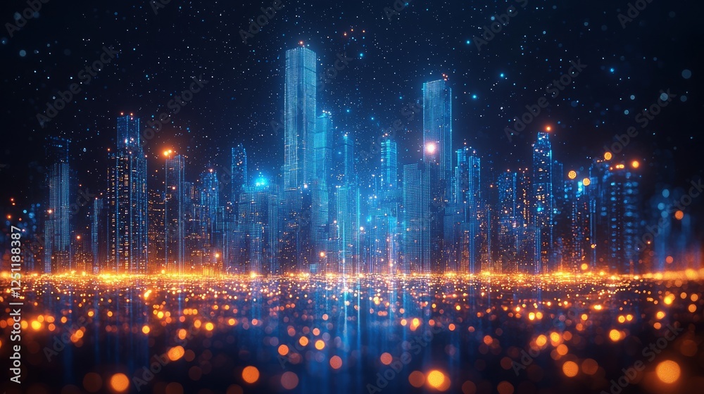 Fototapeta premium Futuristic city skyline at night. Digital art. Possible use background design