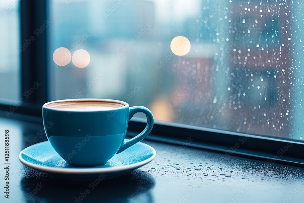 Obraz premium Rainy Day Coffee Break - A blue cup of coffee sits on a saucer by a rain-streaked window. Cozy autumn vibes.