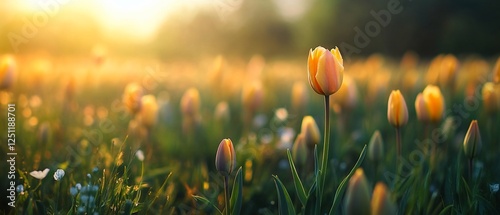 Sunset tulips field, nature scene, spring