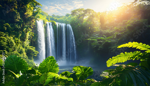 Serene jungle waterfall cascading into a tranquil pool, bathed in golden sunlight. Lush tropical foliage frames the scene, creating a breathtaking natural paradise.