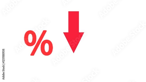 Animation of Percent icon and arrow moving downwards, Indicating a price decrease or decrease in revenue target. For finance