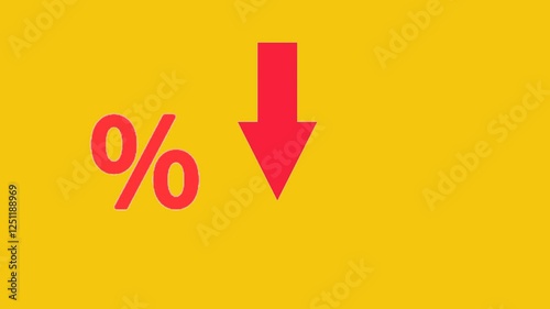 Animation of Percent icon and arrow moving downwards, Indicating a price decrease or decrease in revenue target. 