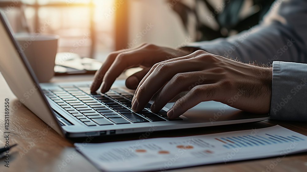 Business professional working on a laptop, analyzing data reports with graphs and tables Business professional working on a laptop, analyzing data reports with graphs and tables