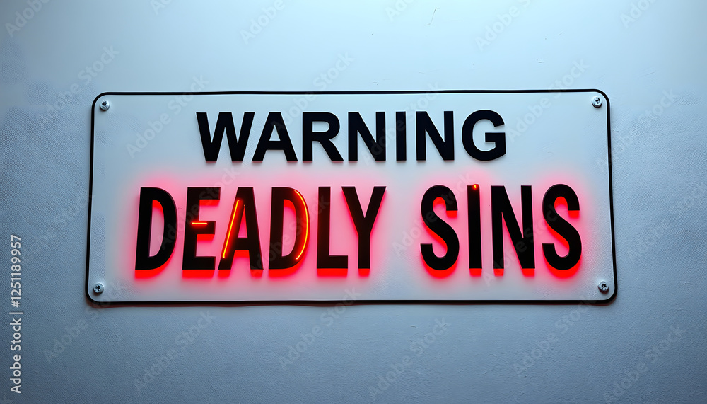 Deadly Sins. Warning sign with text on a white background, glowing neon. with white shades Deadly Sins. Warning sign with text on a white background, glowing neon. with white shades
