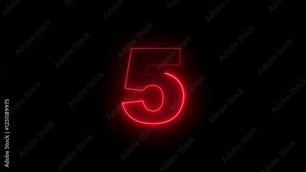 neon glowing  text 5 number countdown icon on black background 4k animation. Neon number 5 with alpha channel,  Energy red neon 5 number.