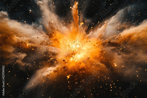 Explosion of orange and yellow sparks lighting up the night sky over a dark silhouette of a city skyline.