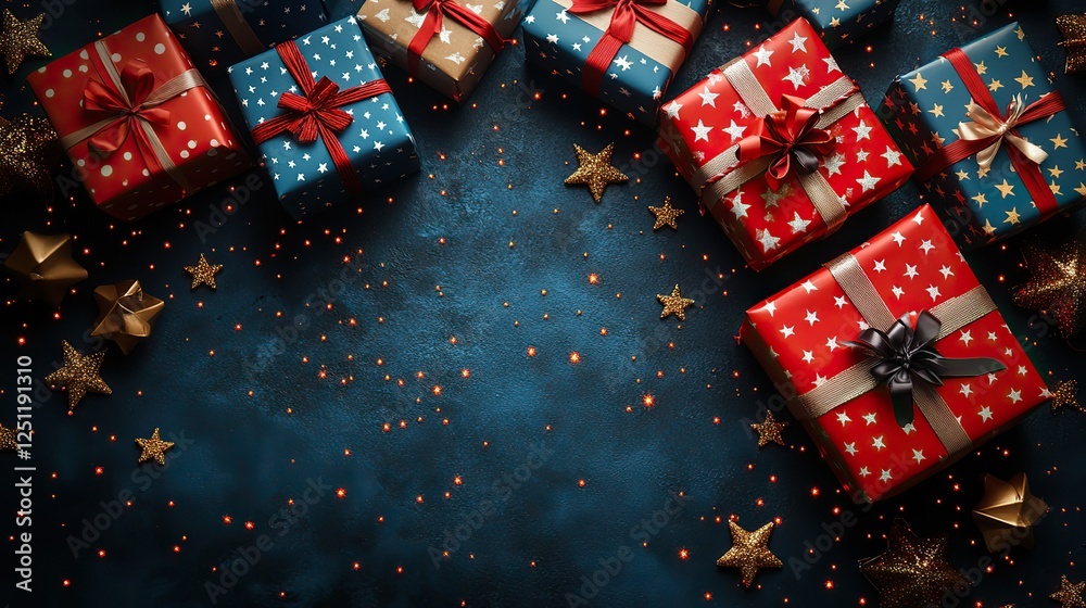 Fototapeta premium Embrace the patriotic atmosphere of USA's Independence Day. glistening stars and gift boxes adorned in USA flag motifs against a blue backdrop that invites text or ads.