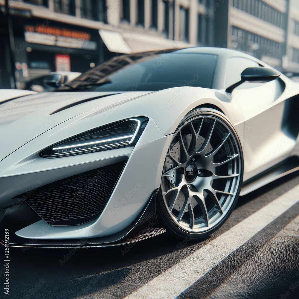 Close-up view of a sleek, white sports car parked on a city street.
