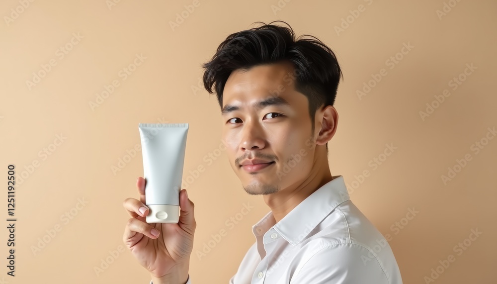 Asian man holding sleek shaving cosmetics mockup on beige background Asian man holding sleek shaving cosmetics mockup on beige background