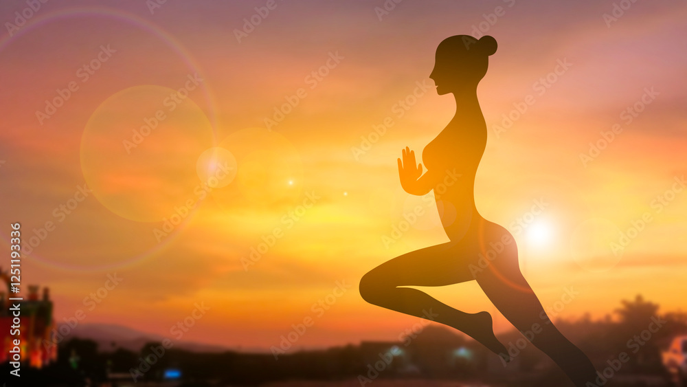 A sexy silhouette woman yoga position with sunset blur background A sexy silhouette woman yoga position with sunset blur background