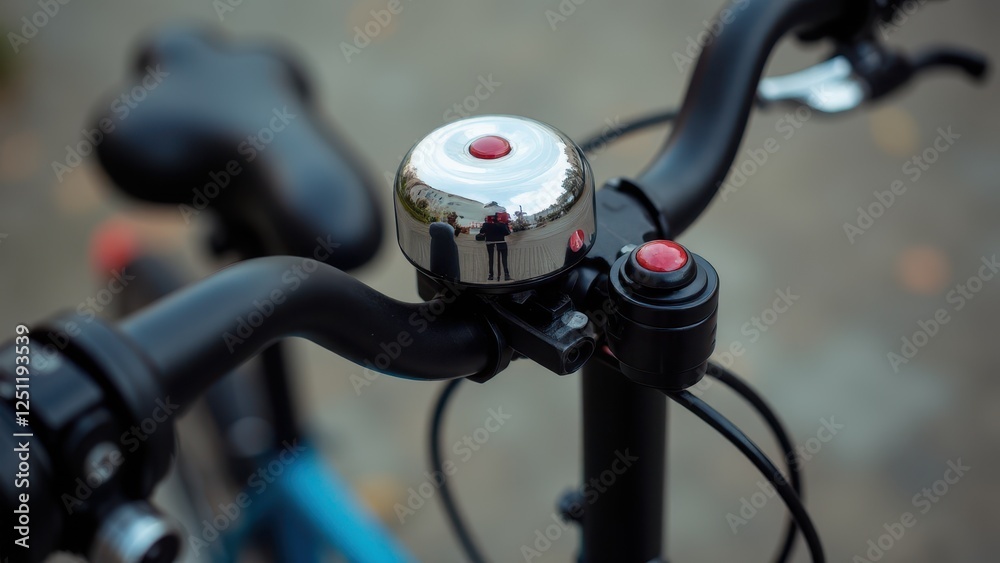 Close-up of a bicycle bell and handlebars with a reflection of a person in the bell.