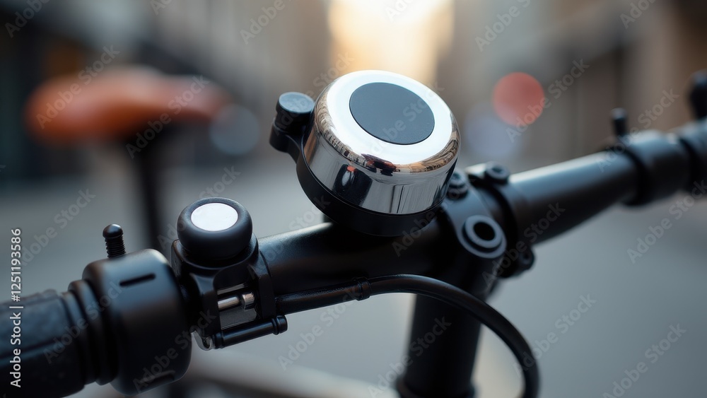 A close-up of a bicycle bell mounted on the handlebars of a bike.