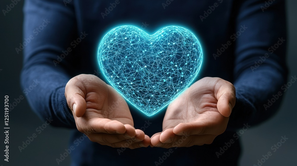 Obraz premium Planning health. A person holds a glowing digital heart in their hands, symbolizing love and care.
