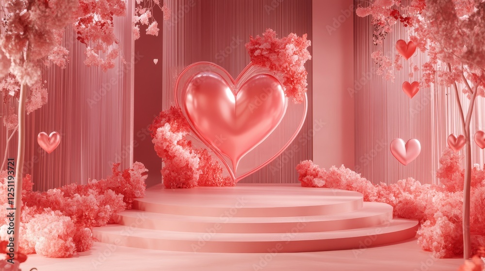 custom made wallpaper toronto digitalRomantic Pink Heart Stage Setting - A beautiful pink heart centerpiece on a tiered stage, surrounded by pink floral decor. Ideal for Valentine's Day or wedding themes.