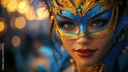 Experience masked elegance with this Venetian-inspired opulence featuring feathers and beads against a lively Mardi Gras backdrop.