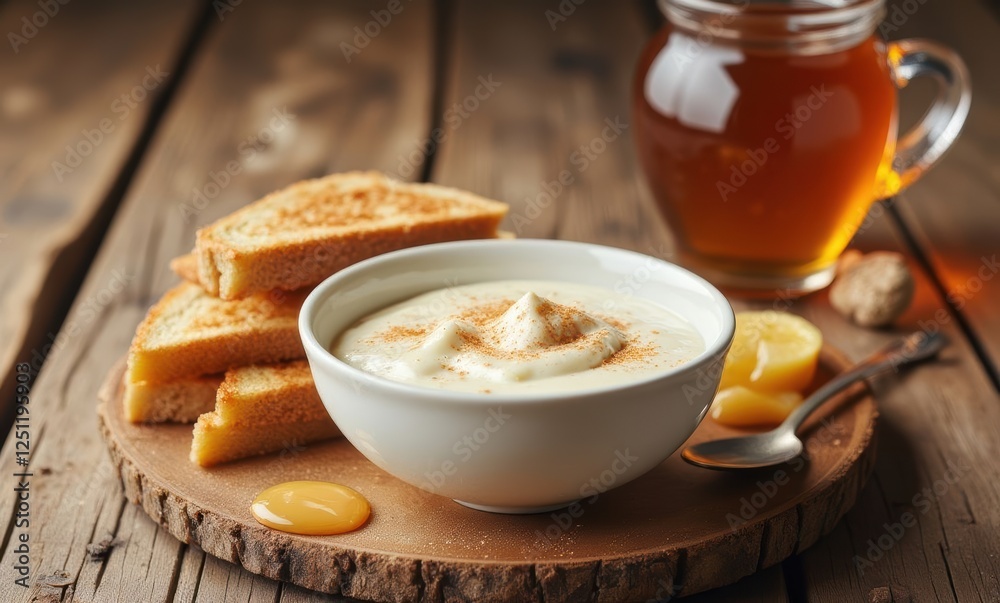 Comforting breakfast set with toast and yogurt. Comforting breakfast set with toast and yogurt.