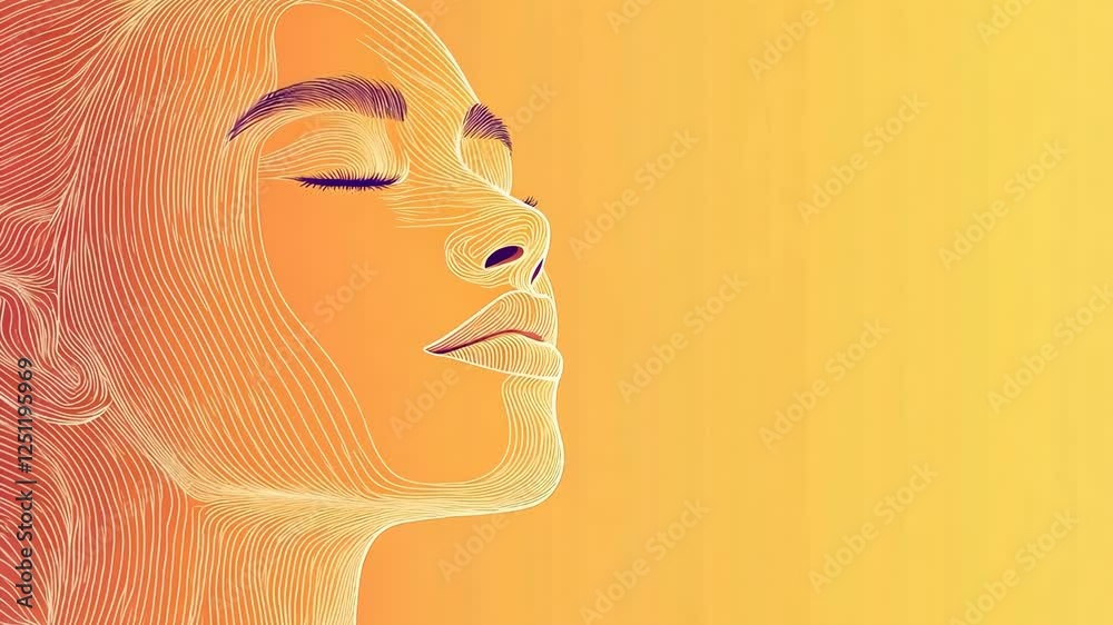 Woman's face is drawn on a yellow background. The woman is looking away from the camera, and her face is drawn with a soft, serene expression. Concept of calm and relaxation