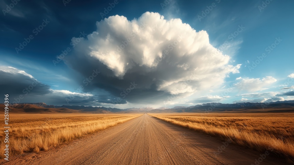 A vast open road stretches into the horizon beneath a majestic, expansive cloud, symbolizing a journey of exploration and the beauty of nature's vastness and unpredictability. A vast open road stretches into the horizon beneath a majestic, expansive cloud, symbolizing a journey of exploration and the beauty of nature's vastness and unpredictability.