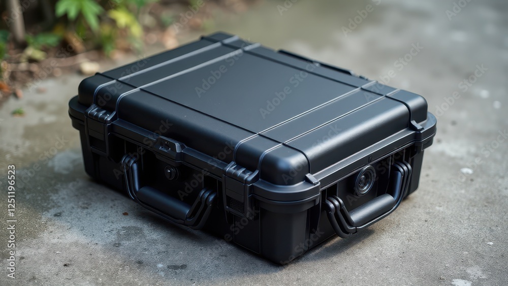 A sturdy black drone case with secure latches and handles, placed on a concrete surface. A sturdy black drone case with secure latches and handles, placed on a concrete surface.