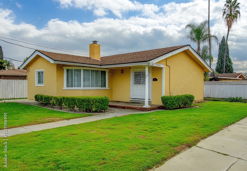 A small, yellow craftsman bungalow home with white trim, green grass in the front yard, and a fence. A small, yellow craftsman bungalow home with white trim, green grass in the front yard, and a fence.