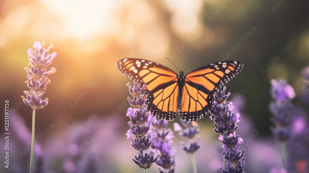 Monarch Butterfly Resting on Lavender Flowers in Sunlight Monarch Butterfly Resting on Lavender Flowers in Sunlight