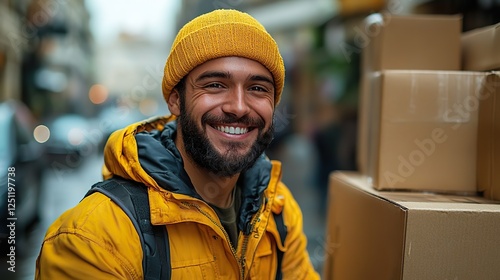 Experience top-notch delivery service A cheerful delivery pro in a yellow uniform smiling and securely handling a cardboard box against a street background.
