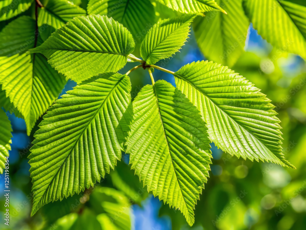 Vibrant green leaves of elm tree, rich in texture and detail Vibrant green leaves of elm tree, rich in texture and detail