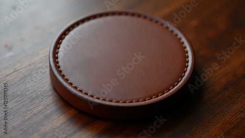 A brown leather coaster with a stitched border and an embossed logo in the center.
