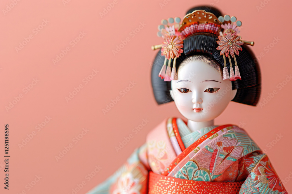 Japanese Hina doll dressed in a luxurious traditional kimono on a pastel pink background. Hinamatsuri doll festival, a demonstration of traditional Japanese craftsmanship Japanese Hina doll dressed in a luxurious traditional kimono on a pastel pink background. Hinamatsuri doll festival, a demonstration of traditional Japanese craftsmanship