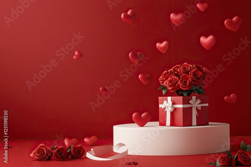 A podium for product presentation on a red background with roses and hearts floating around, a gift box with a ribbon wrapped around it lying next to the stand, a Valentine's Day theme,