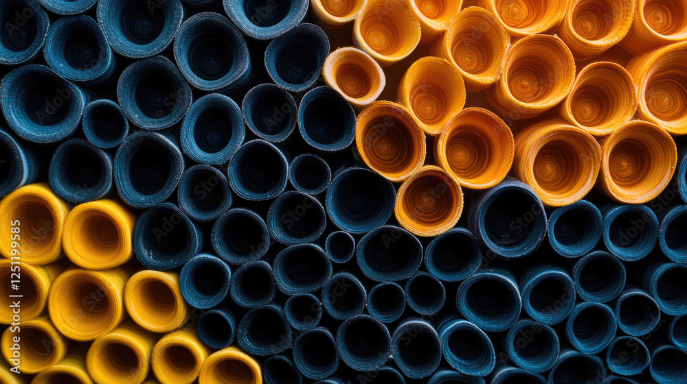 A vibrant, abstract close-up of circular tubes in shades of blue and orange, showcasing intricate patterns and textures. A vibrant, abstract close-up of circular tubes in shades of blue and orange, showcasing intricate patterns and textures.