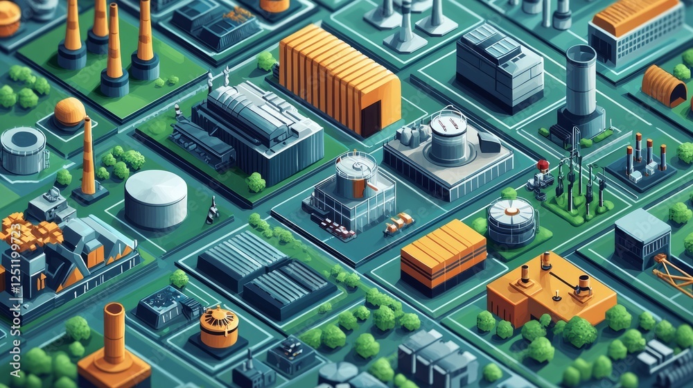 Isometric industrial complex, many buildings, background greenery. Use for presentation Isometric industrial complex, many buildings, background greenery. Use for presentation