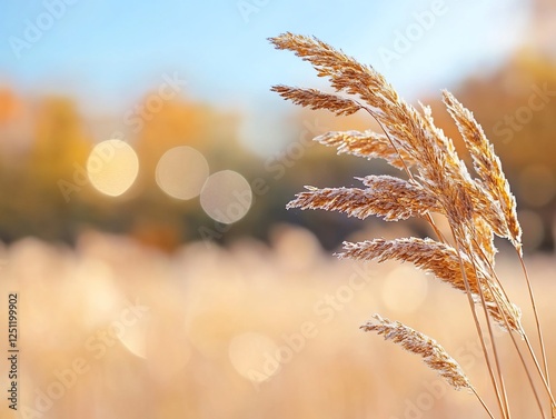 Golden autumnal grass stalks in a blurred field.