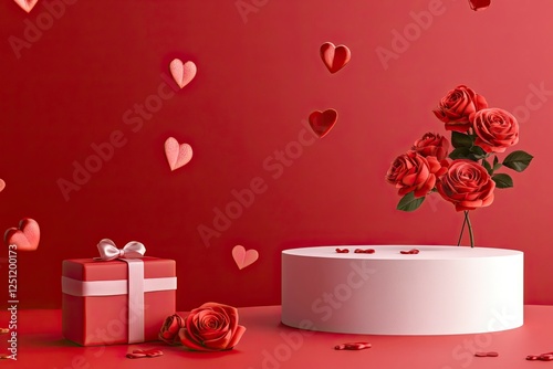 A podium for product presentation on a red background with roses and hearts floating around, a gift box with a ribbon wrapped around it lying next to the stand, a Valentine's Day theme,
