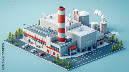 Low-poly factory isometric view, parking lot, trees, light blue background. Possible use industrial design, 3D modeling inspiration photo