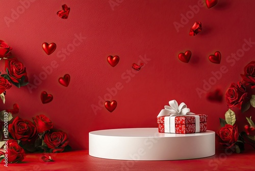 A podium for product presentation on a red background with roses and hearts floating around, a gift box with a ribbon wrapped around it lying next to the stand, a Valentine's Day theme,