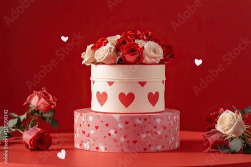 A podium with roses and heart-shaped gift boxes on a red background for product presentation, a mockup template design graphic element, a flat lay, front view. A Valentine's Day concept.
