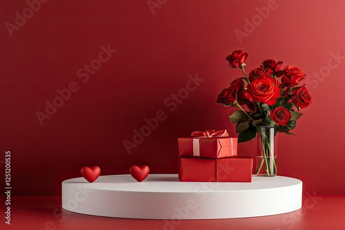 A podium with roses and heart-shaped gift boxes on a red background for product presentation, a mockup template design graphic element, a flat lay, front view. A Valentine's Day concept.