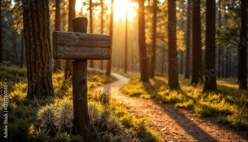 Obraz na płótnie Wooden signpost in sunlit forest, warm glow with winding path, serene nature atmosphere, copy space
w salonie