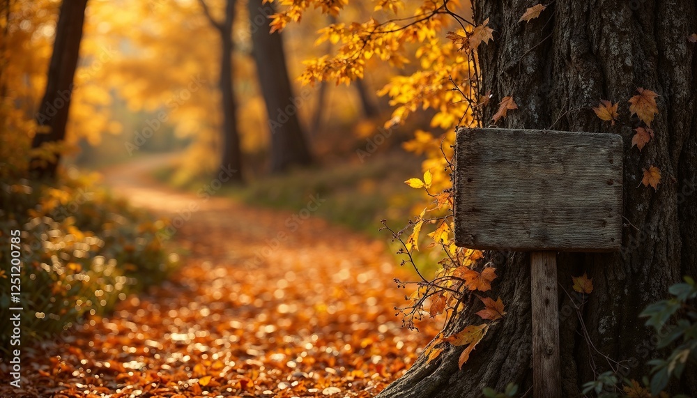 Autumn forest pathway with wooden sign, warm colors and fallen leaves, peaceful vibe, copy space