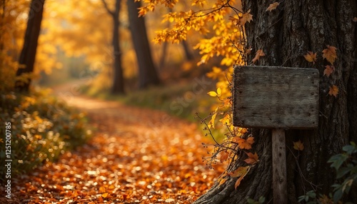 Obraz na płótnie Autumn forest pathway with wooden sign, warm colors and fallen leaves, peaceful vibe, copy space w salonie