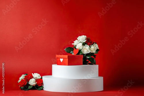 A podium with roses and heart-shaped gift boxes on a red background for product presentation, a mockup template design graphic element, a flat lay, front view. A Valentine's Day concept.