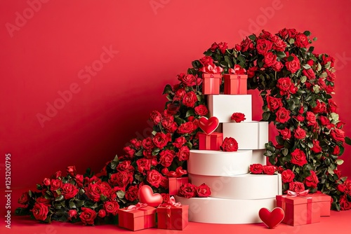 A podium with roses and heart-shaped gift boxes on a red background for product presentation, a mockup template design graphic element, a flat lay, front view. A Valentine's Day concept.