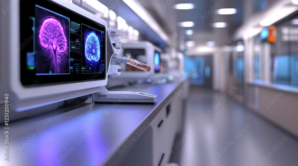 Modern lab Brain scan research, futuristic tech Modern lab Brain scan research, futuristic tech