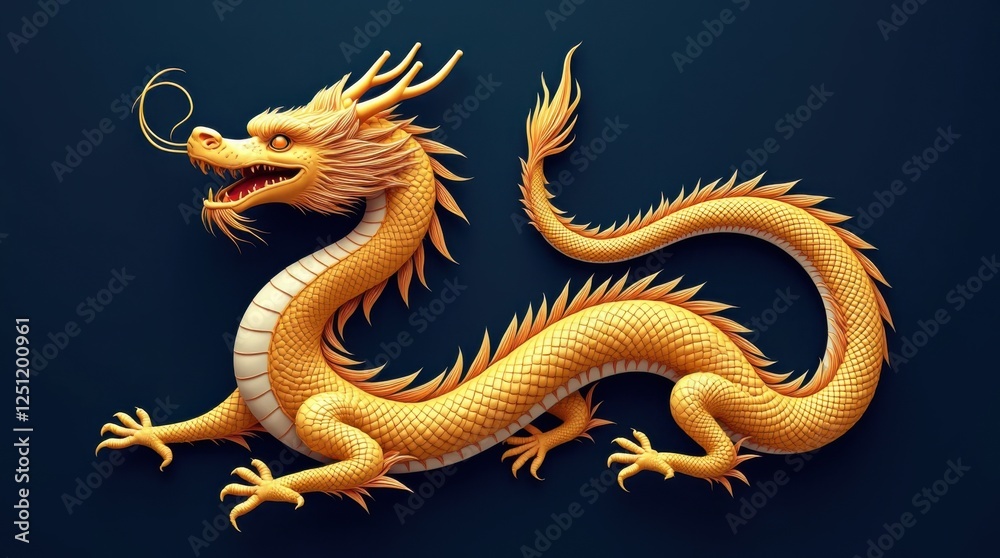 Fototapeta premium Magnificent Golden Dragon-Snake Hybrid on Deep Navy Blue Background