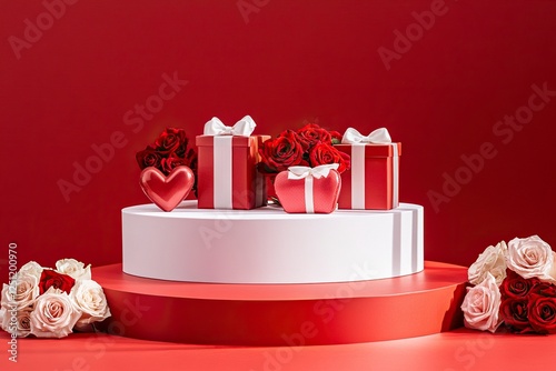 A podium with roses and heart-shaped gift boxes on a red background for product presentation, a mockup template design graphic element, a flat lay, front view. A Valentine's Day concept.