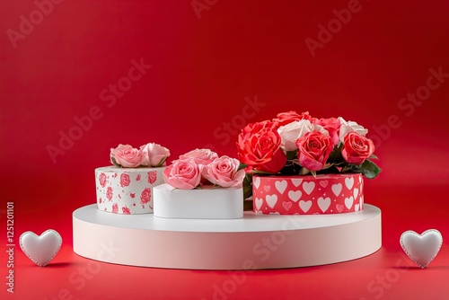 A podium with roses and heart-shaped gift boxes on a red background for product presentation, a mockup template design graphic element, a flat lay, front view. A Valentine's Day concept.